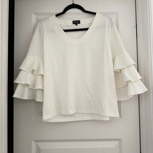 Cream V-Neck Top with Tiered Ruffle Sleeves